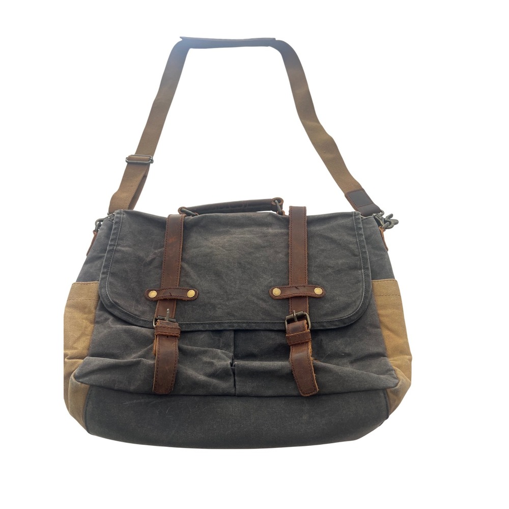 Mens Waxed Canvas Messenger Bag Leather Trim Laptop Satchel Charcoal Gray Brown - Picture 2 of 12